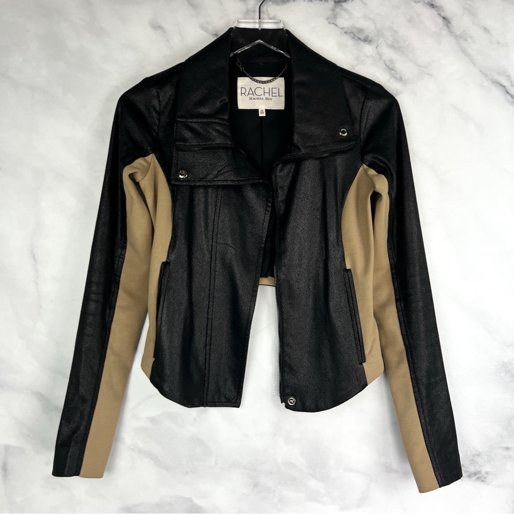 Rachel Roy Faux Leather Cropped Color Block Moto Jacket Biker Edgy Black Tan XS